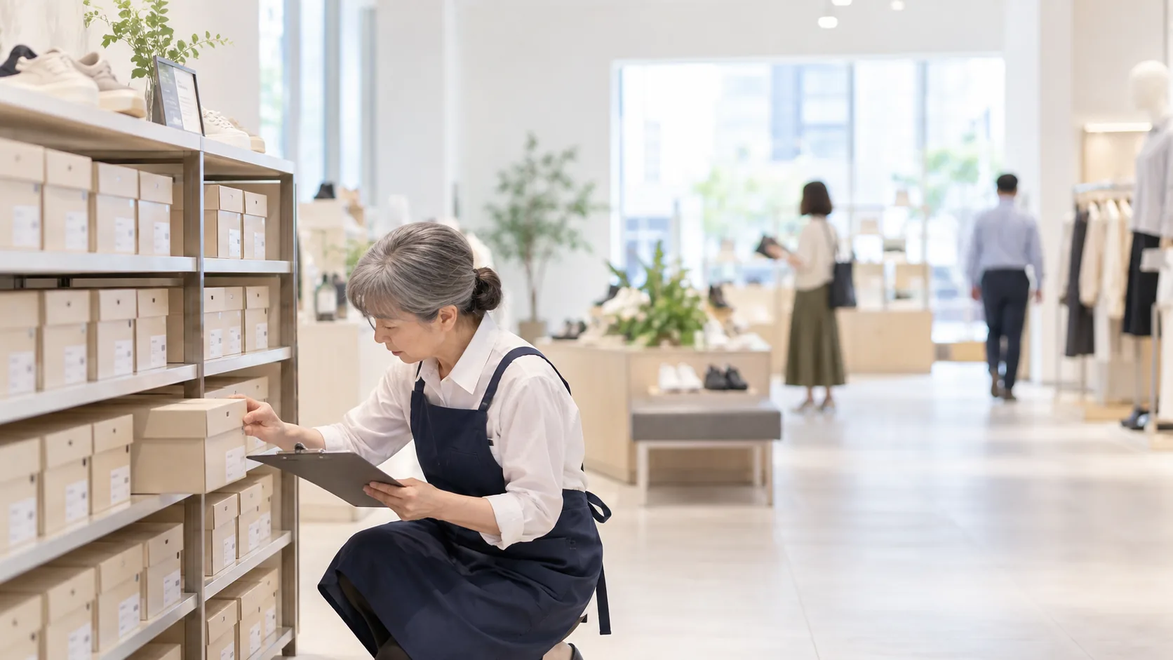 60代前半の日本人女性が靴店の棚卸をしている場面