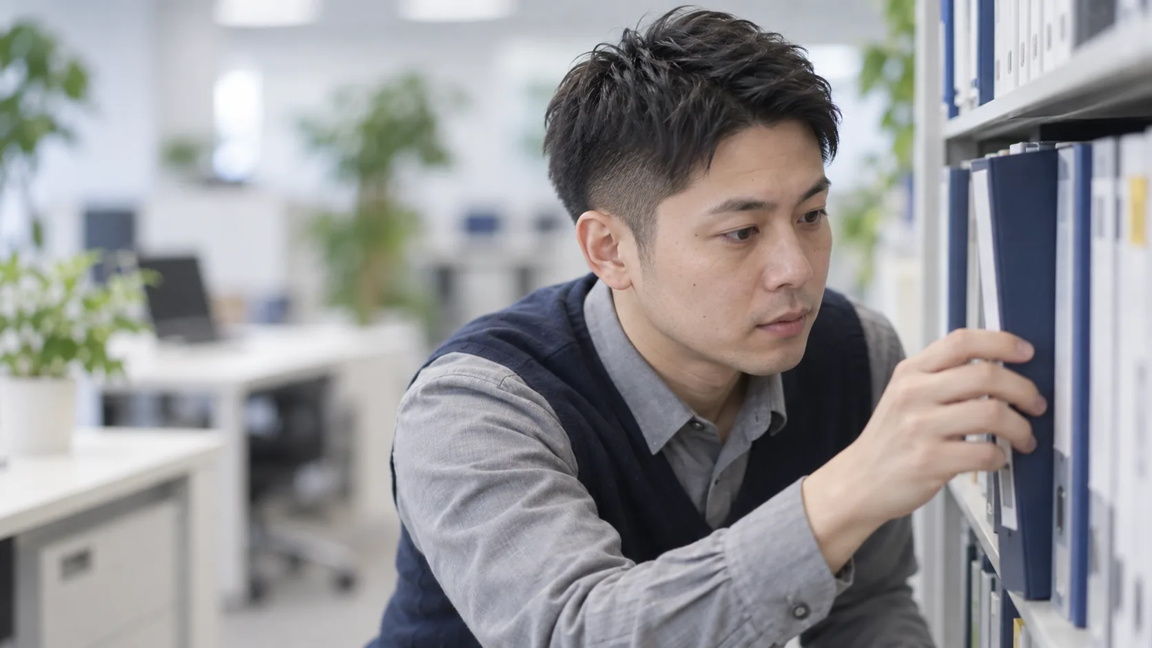 30代前半の日本人男性が書庫でのファイル探しをしている場面