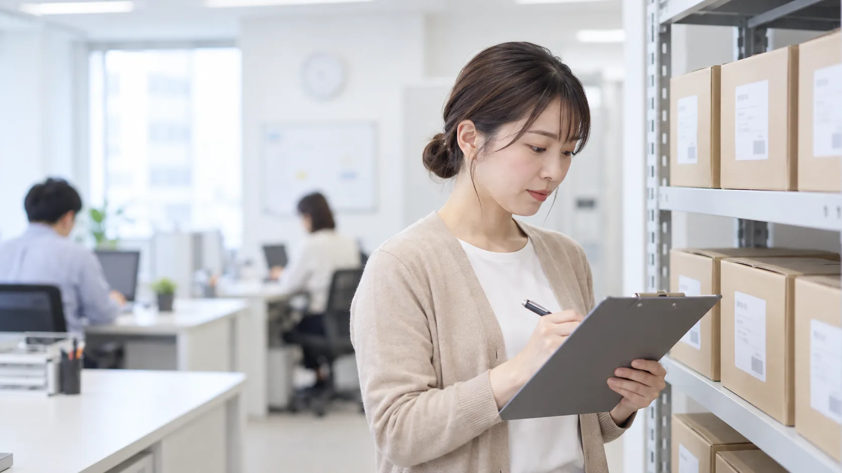 30代前半の日本人女性が備品棚の棚卸をしている場面