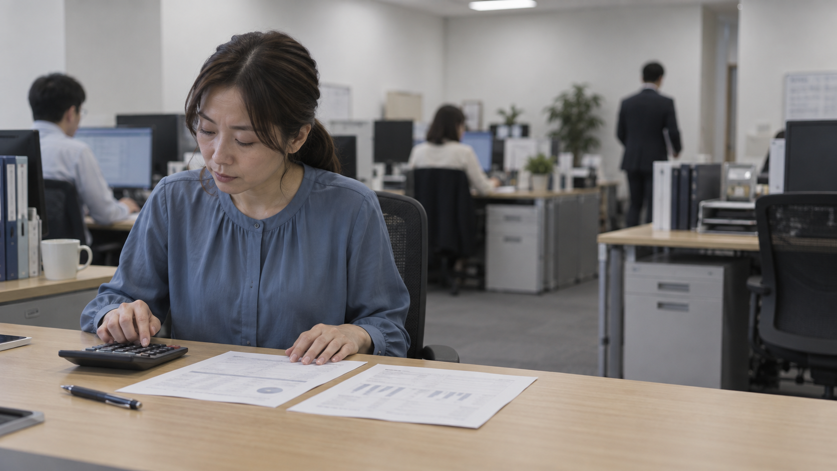 40代前半の日本人女性が電卓での入力をしている場面
