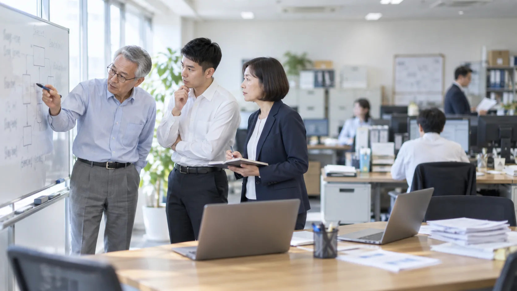 50代後半の日本人男性が要件定義の会議をしている場面
