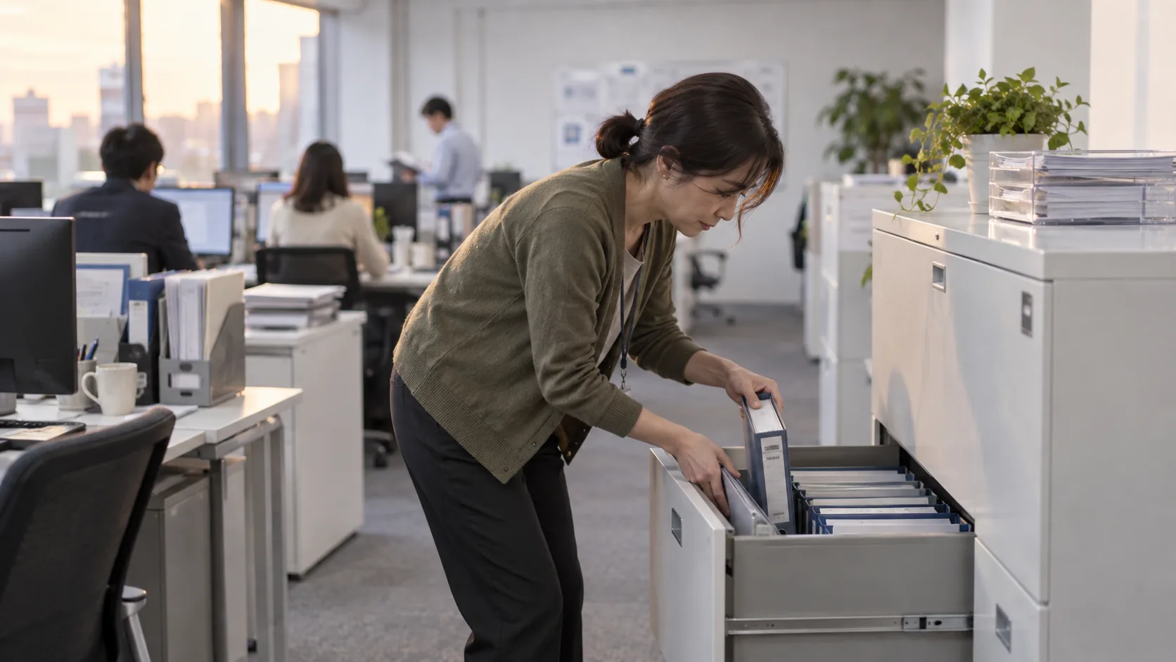 40代後半の日本人女性がキャビネットからの取り出しをしている場面