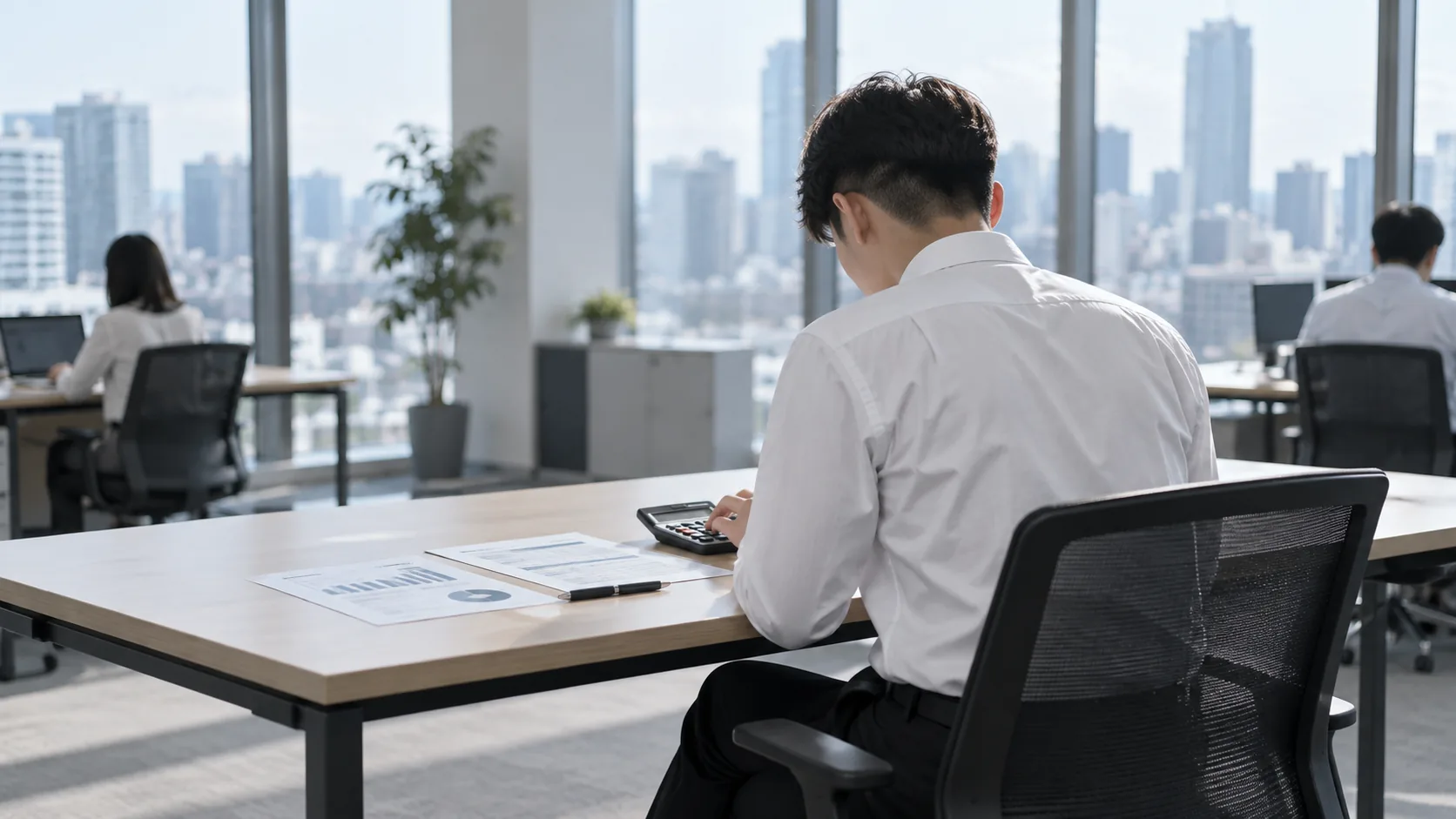 20代前半の日本人男性が電卓での入力をしている場面