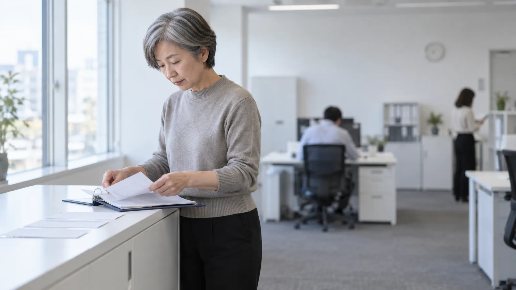 50代前半の日本人女性が発送控えのファイリングをしている場面