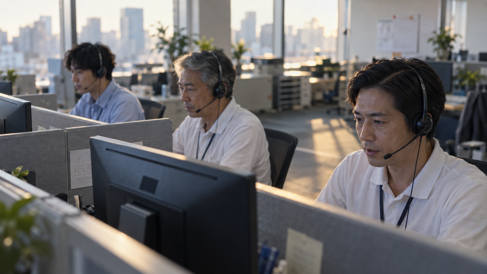 30代後半の日本人男性がコールセンターの全景をしている場面