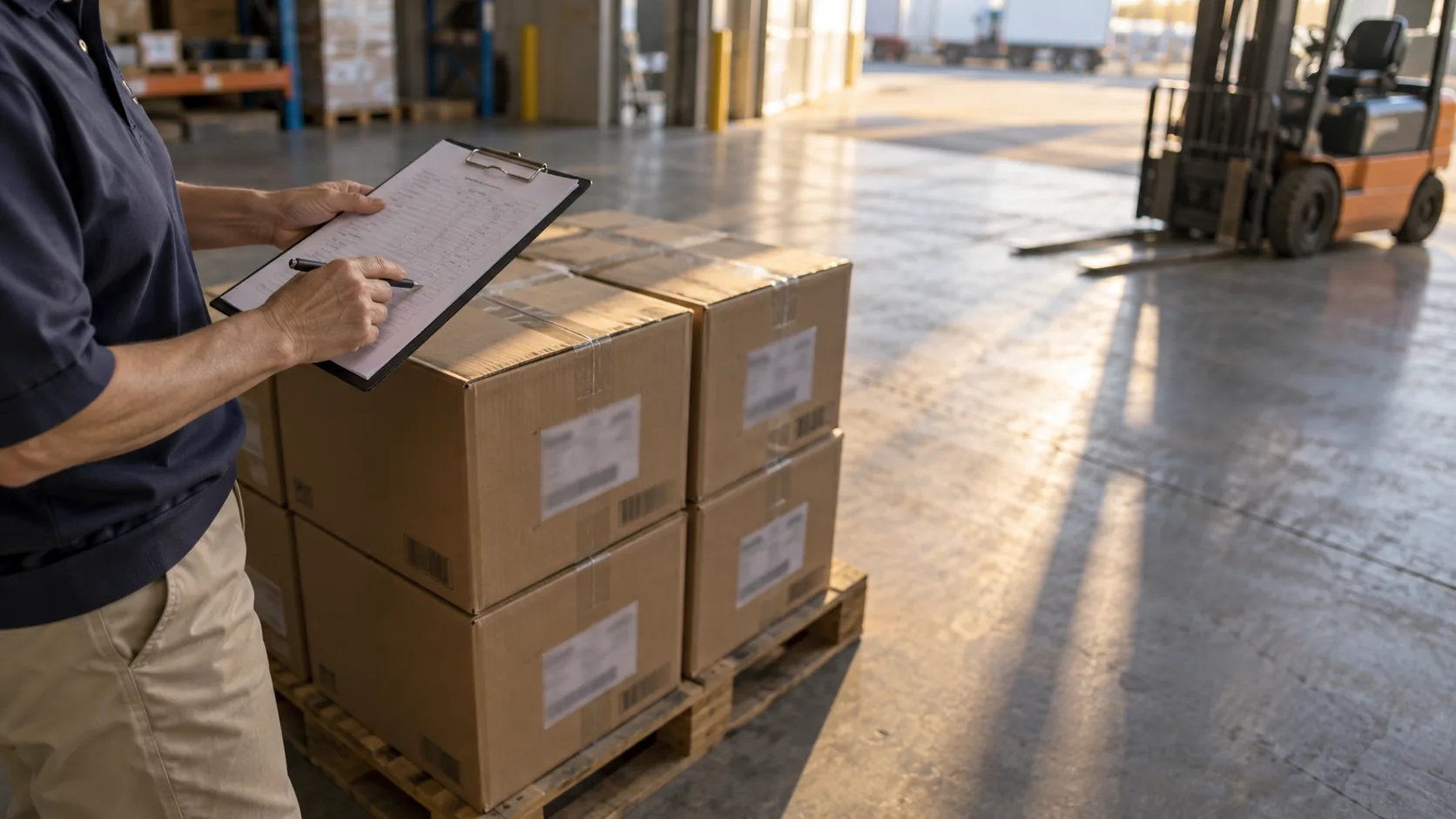 50代後半の日本人女性がパレットの積み荷確認をしている場面