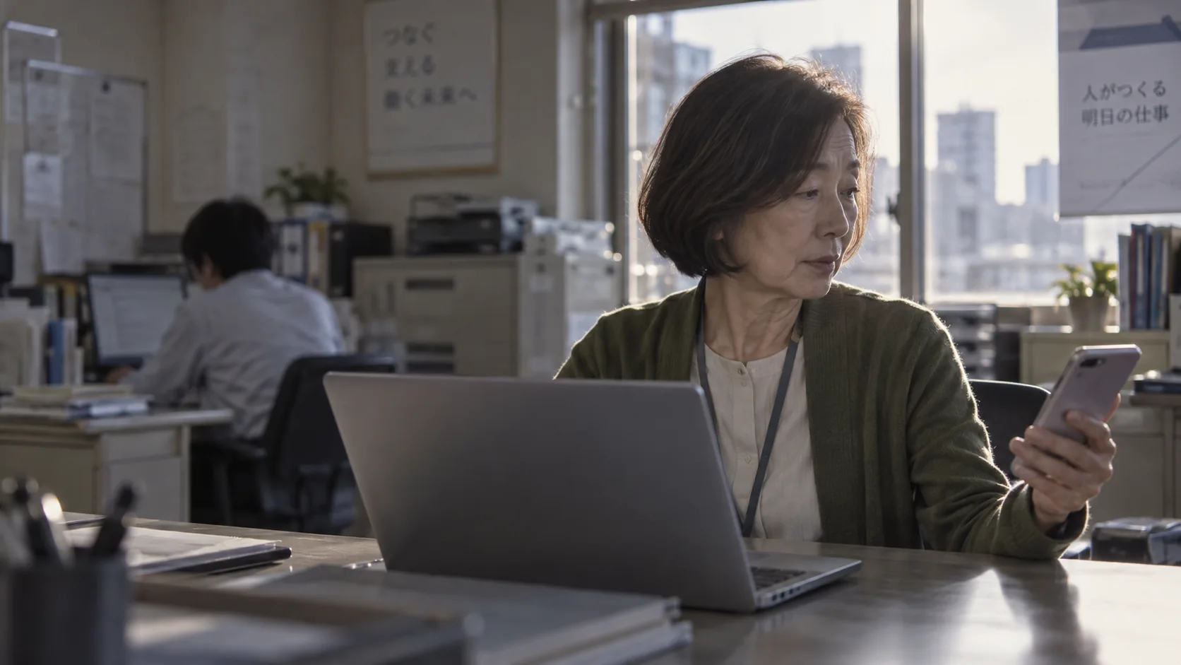 60代前半の日本人女性が自席でのスマートフォン併用をしている場面