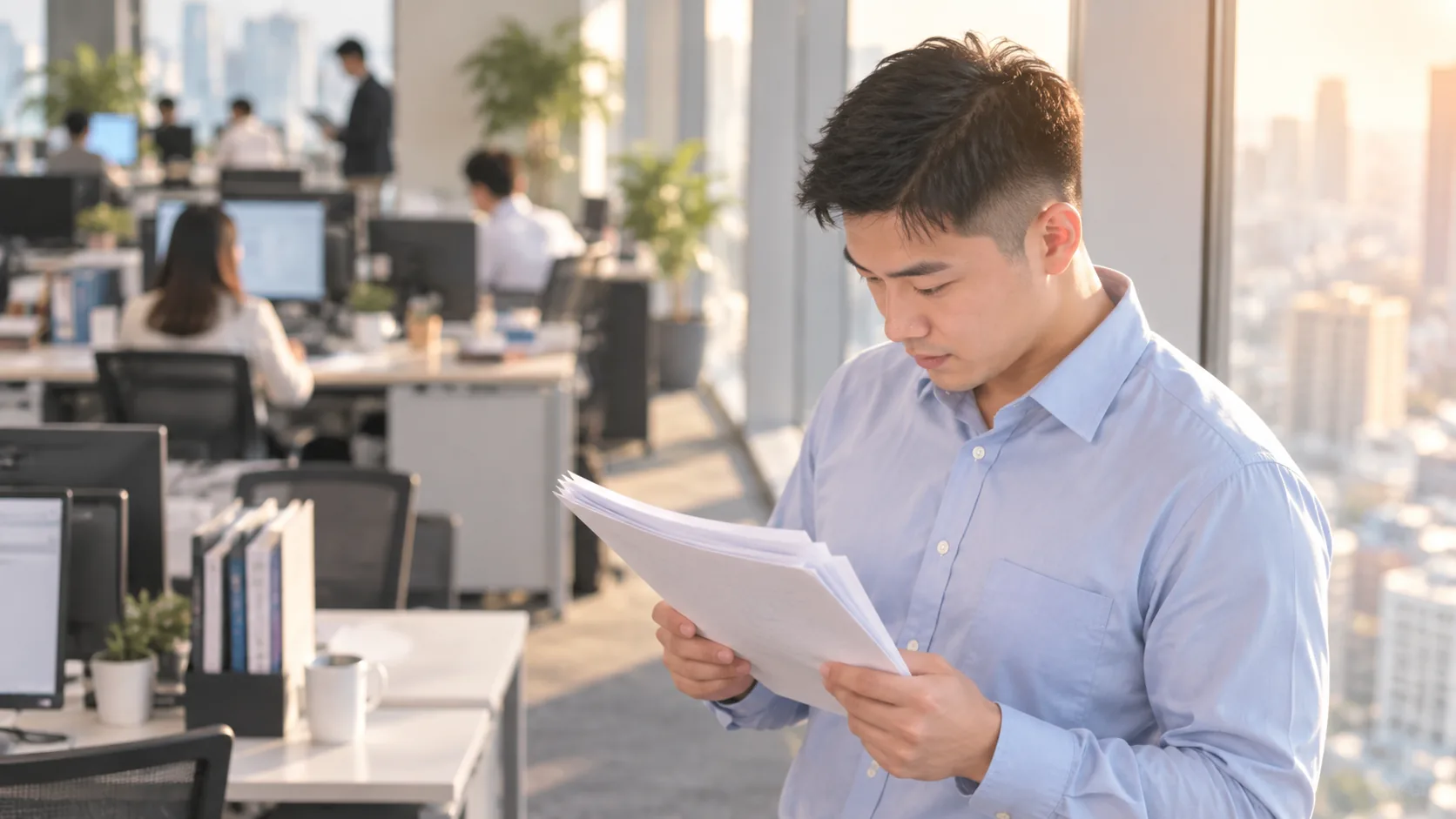 20代前半の日本人男性が窓際での書類確認をしている場面