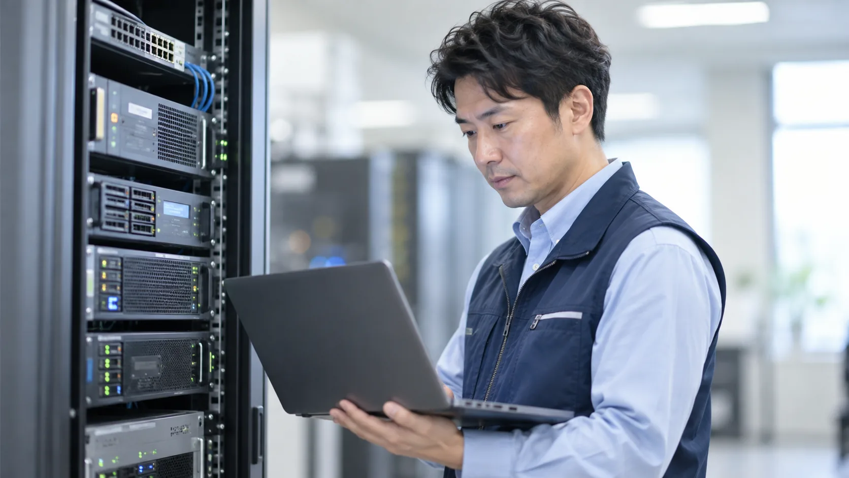 30代後半の日本人男性がサーバー機器の確認をしている場面