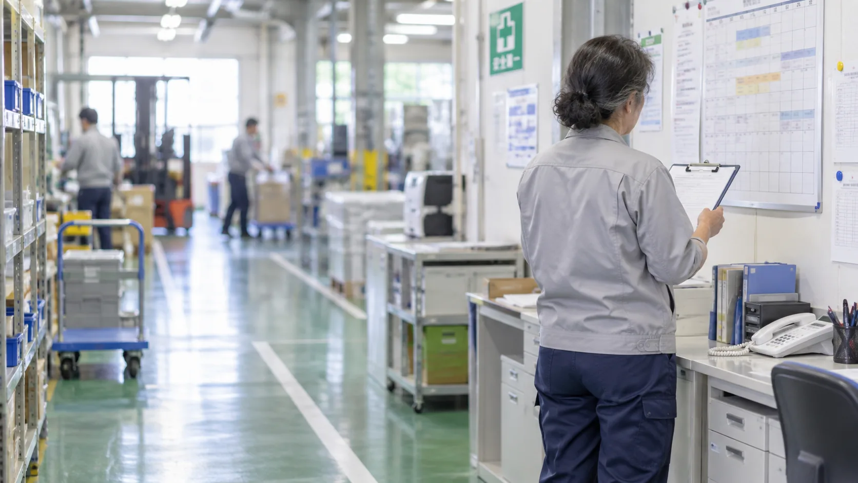 60代前半の日本人女性が工場事務所での予定確認をしている場面