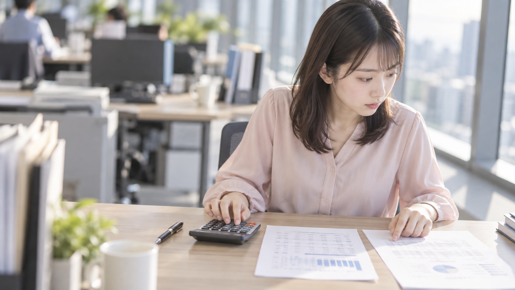 20代前半の日本人女性が電卓での入力をしている場面