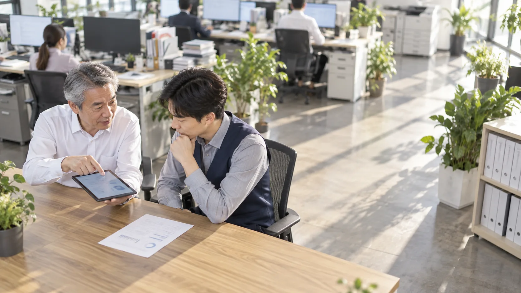 50代前半の日本人男性がタブレットでの提示をしている場面