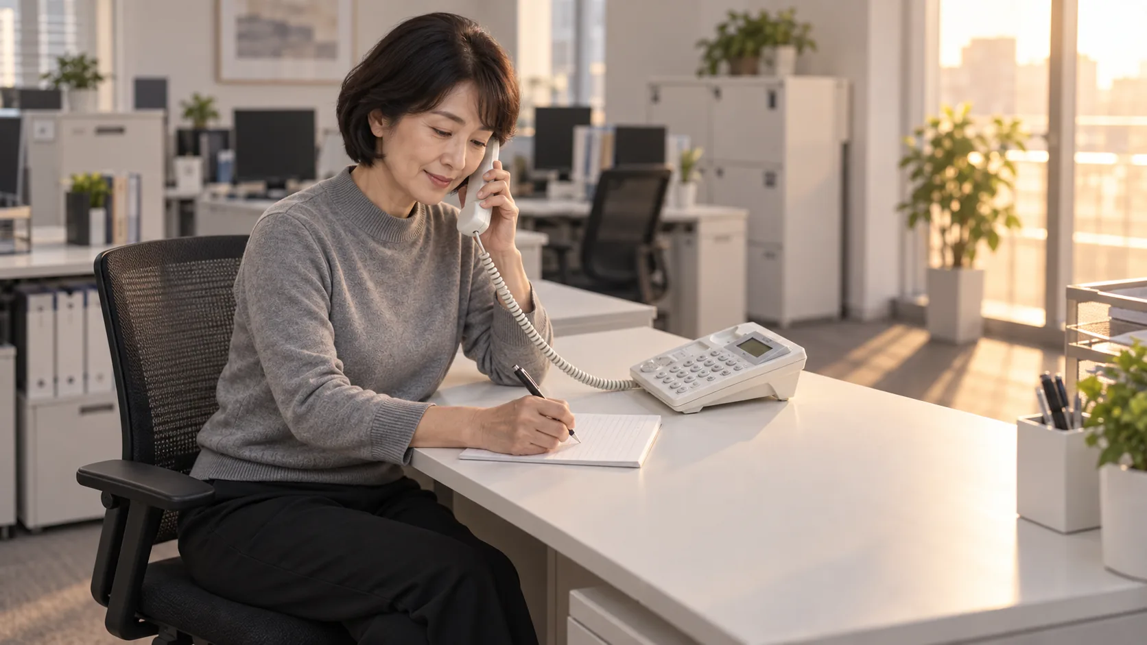50代前半の日本人女性が電話での問い合わせ対応をしている場面