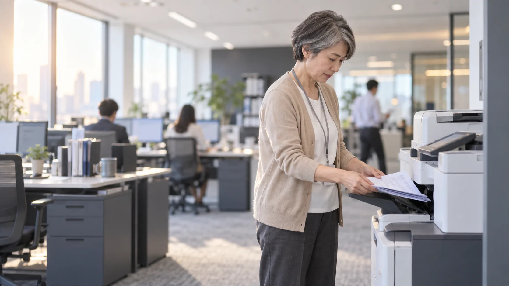 50代前半の日本人女性が複合機での出力をしている場面