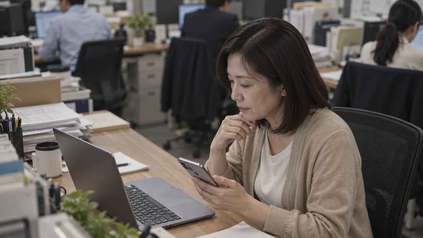 40代後半の日本人女性が自席でのスマートフォン併用をしている場面