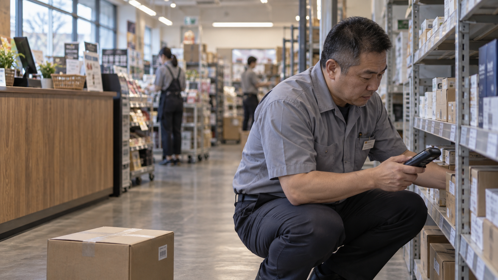 40代後半の日本人男性が店舗バックヤードの棚卸をしている場面