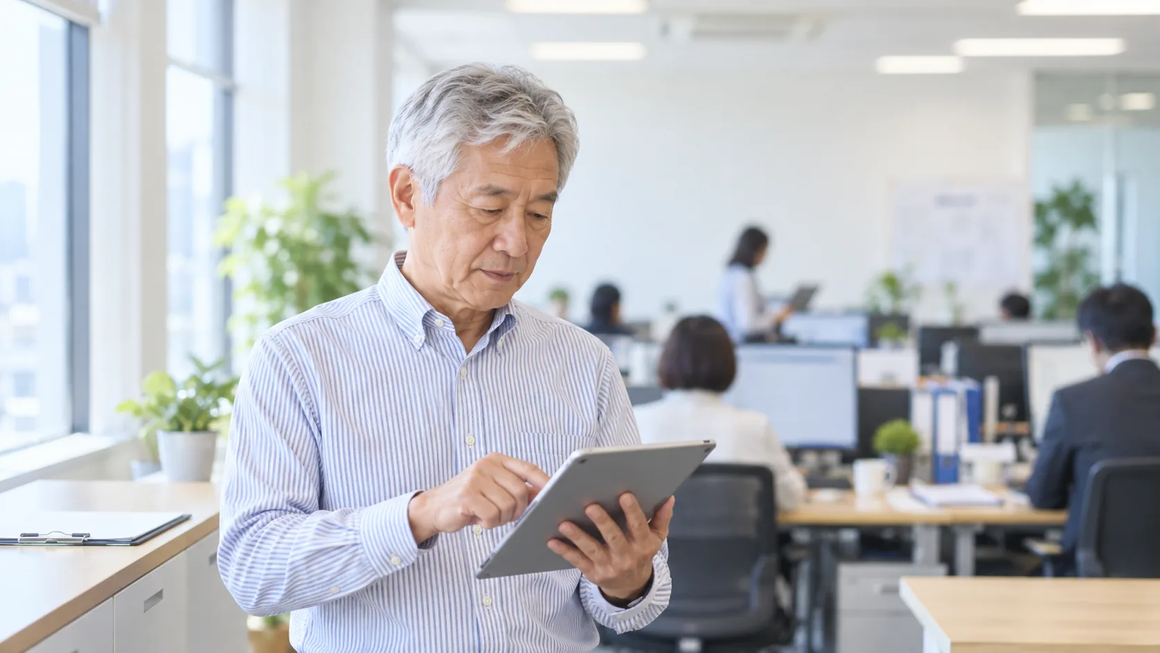 60代前半の日本人男性がタブレットへの入力をしている場面