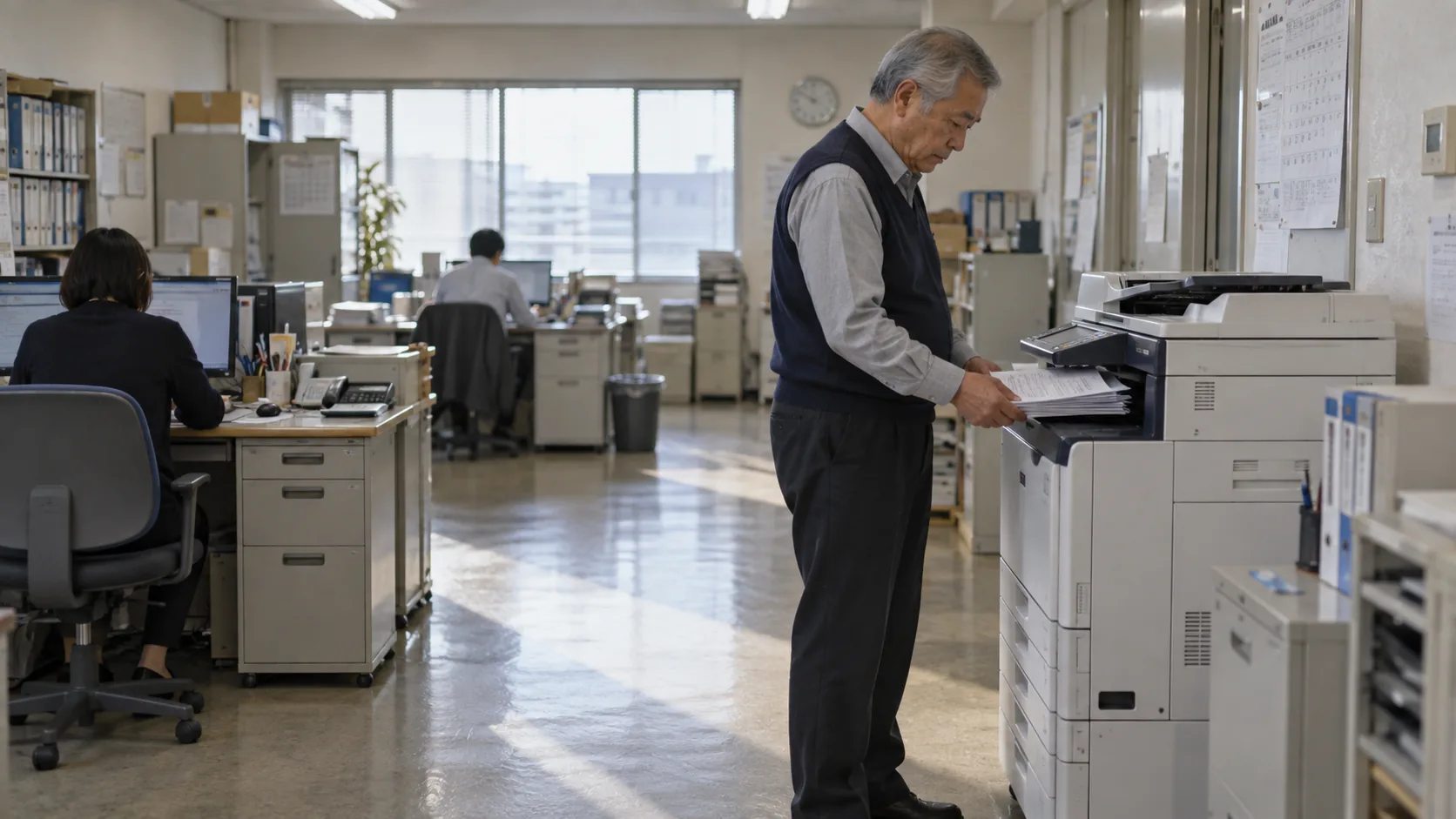 60代前半の日本人男性が複合機での出力をしている場面