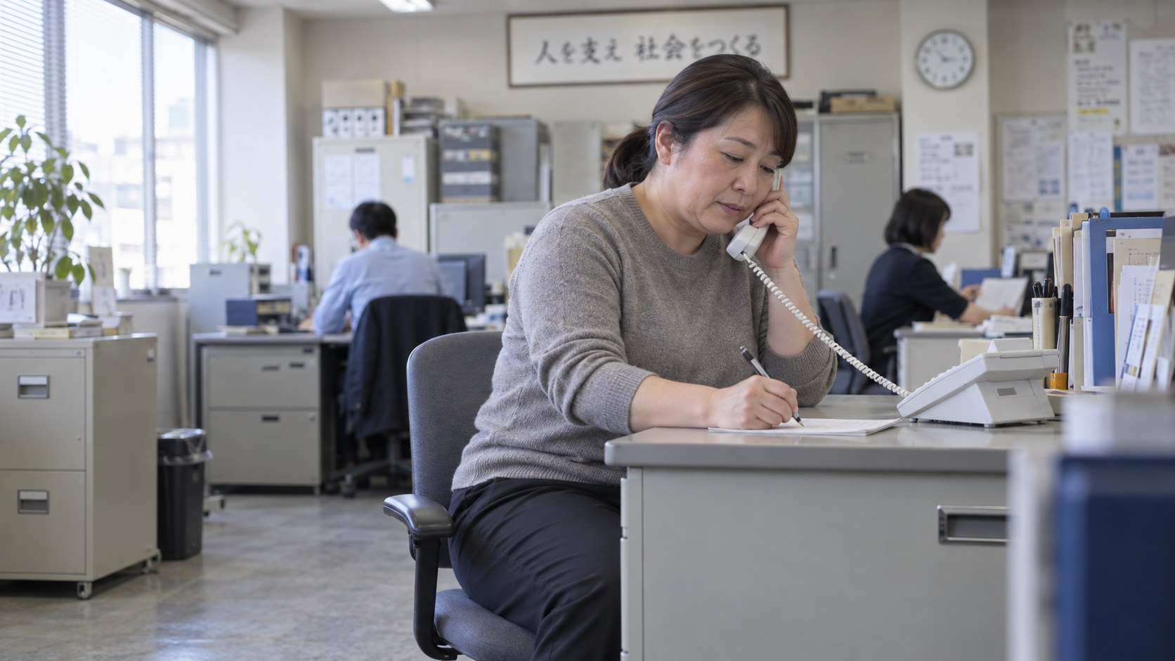 40代後半の日本人女性が電話での問い合わせ対応をしている場面