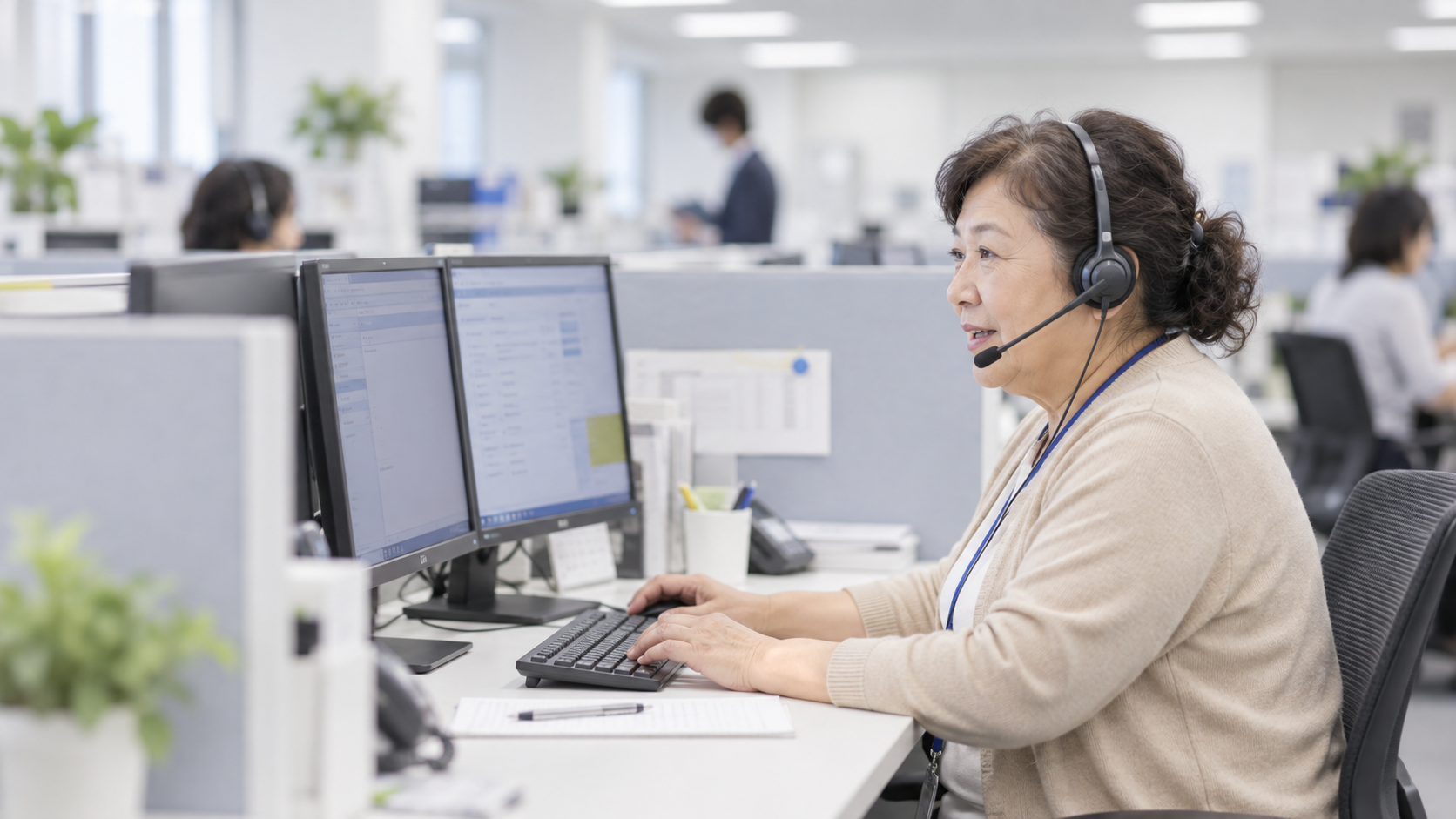60代前半の日本人女性がコールセンターでの受電応対をしている場面