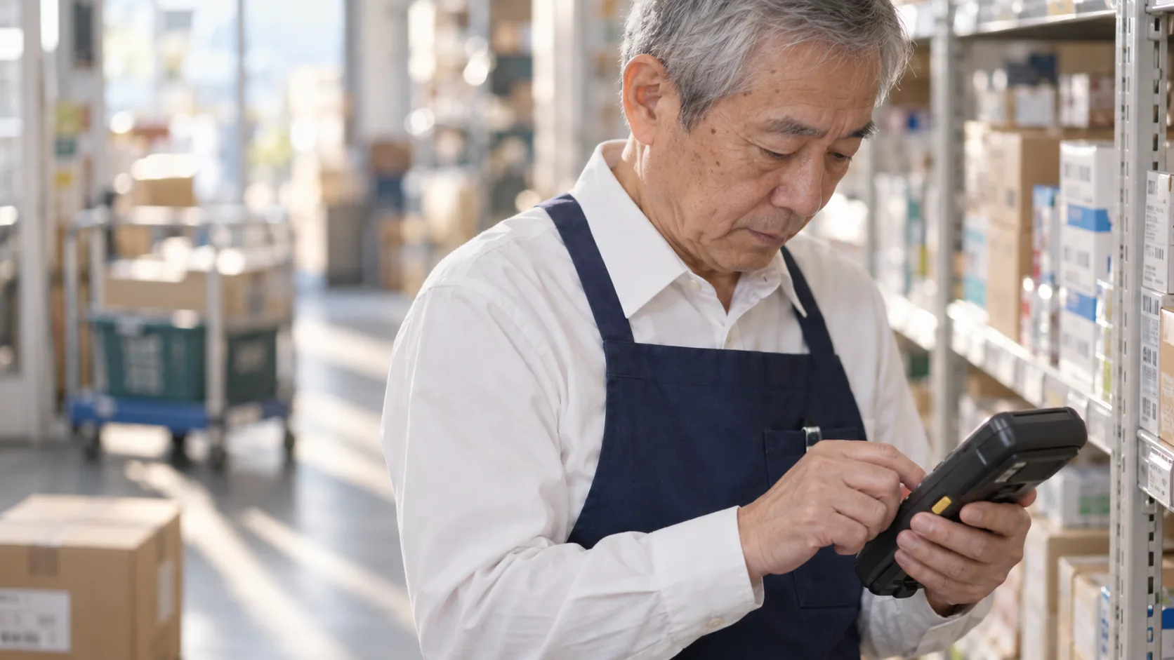 60代前半の日本人男性が店舗バックヤードの棚卸をしている場面