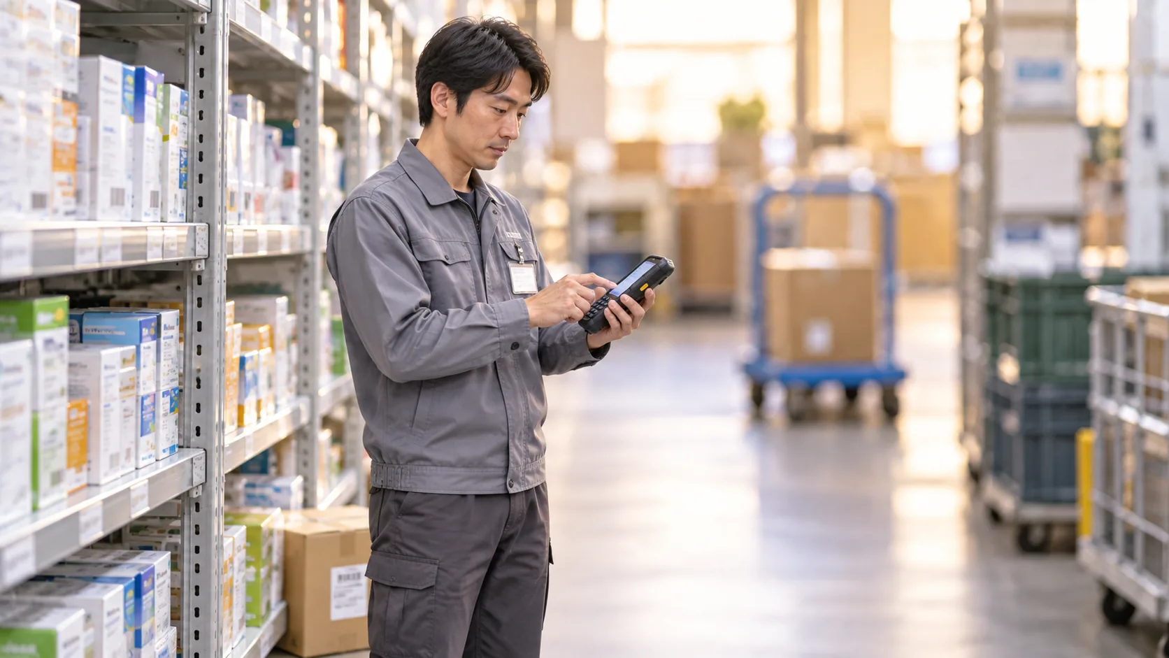30代後半の日本人男性が店舗バックヤードの棚卸をしている場面