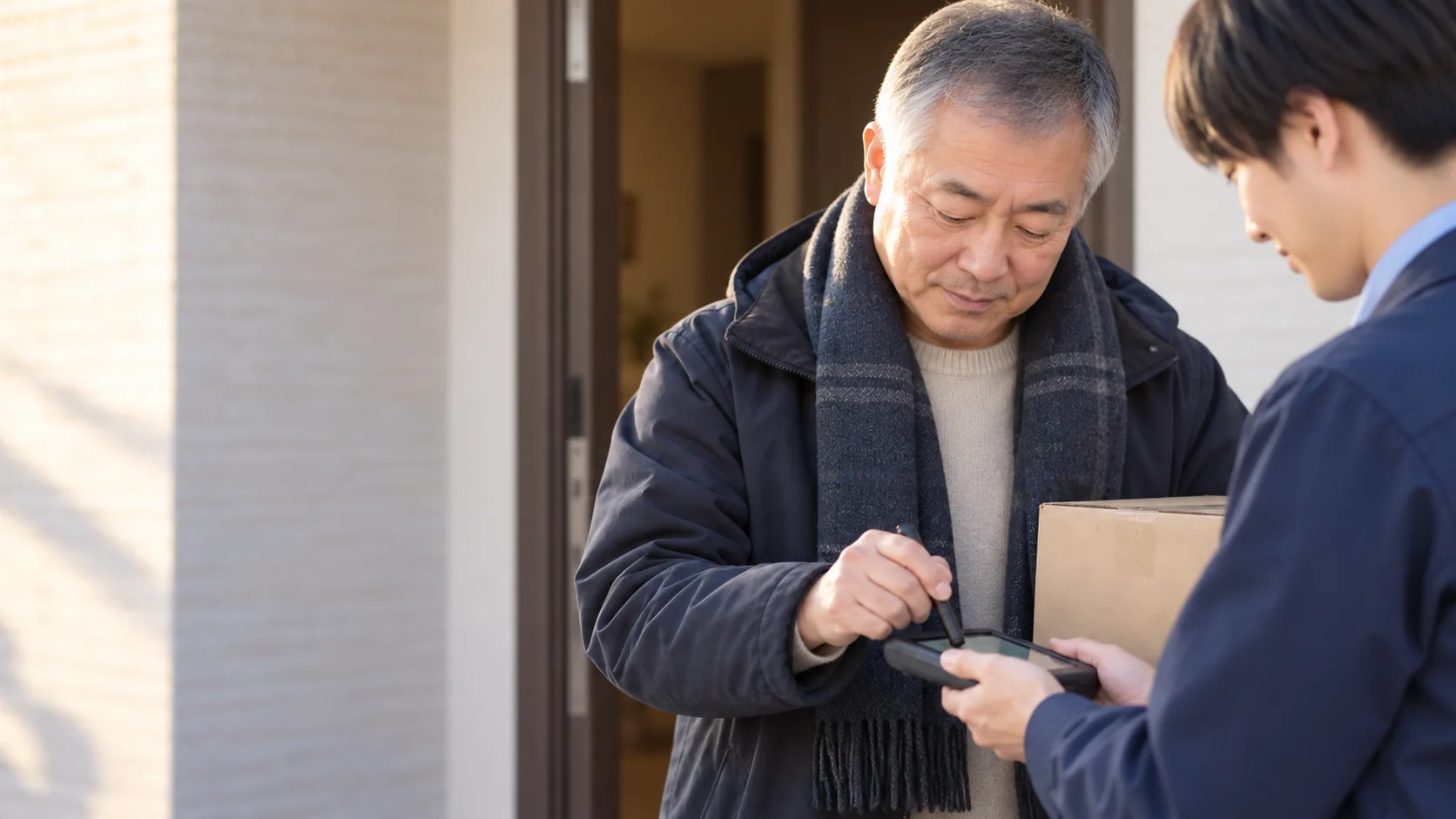 50代後半の日本人男性が玄関先での受け取りと押印をしている場面