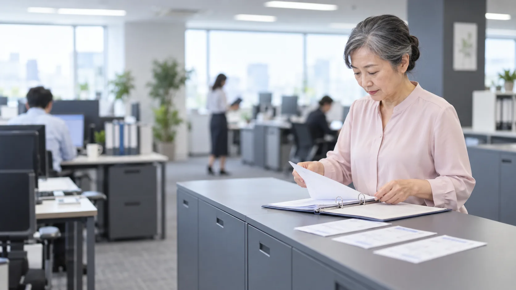 50代後半の日本人女性が発送控えのファイリングをしている場面