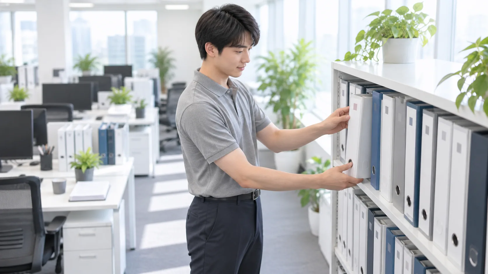 20代前半の日本人男性が書庫でのファイル探しをしている場面