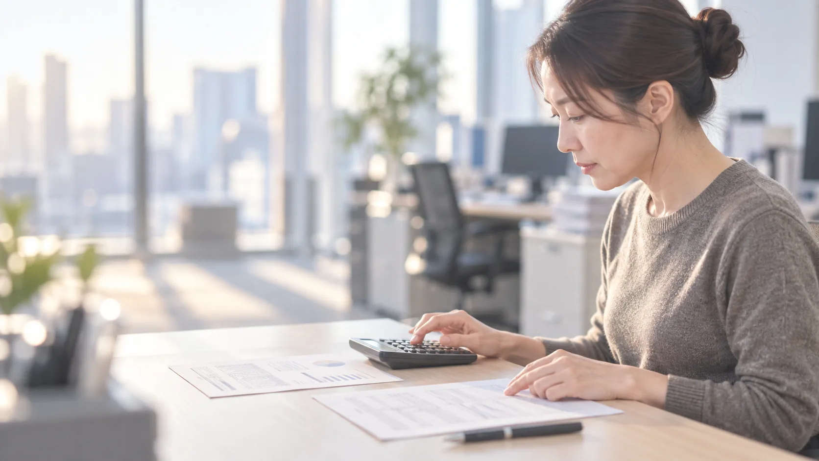 40代前半の日本人女性が電卓での入力をしている場面