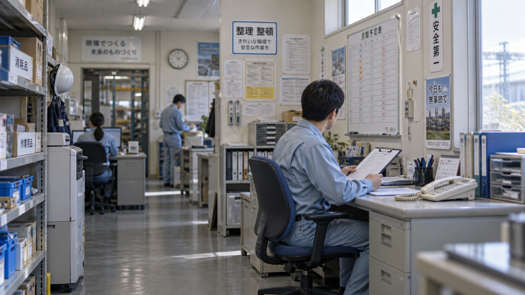30代前半の日本人男性が工場事務所での予定確認をしている場面