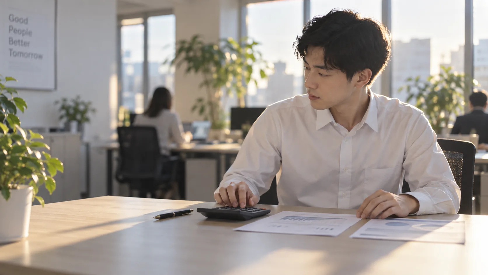 20代前半の日本人男性が電卓での入力をしている場面