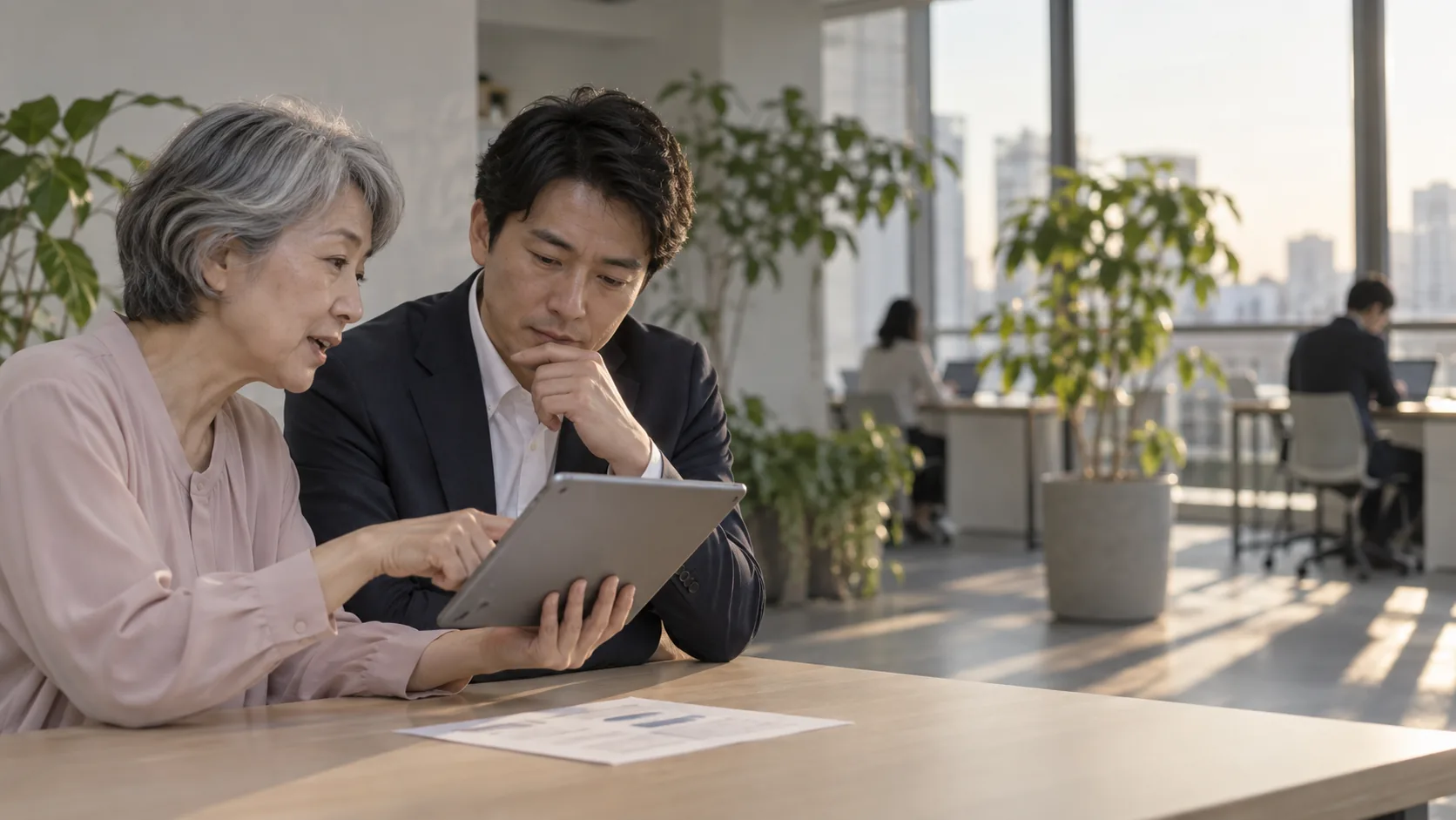 50代後半の日本人女性がタブレットでの提示をしている場面