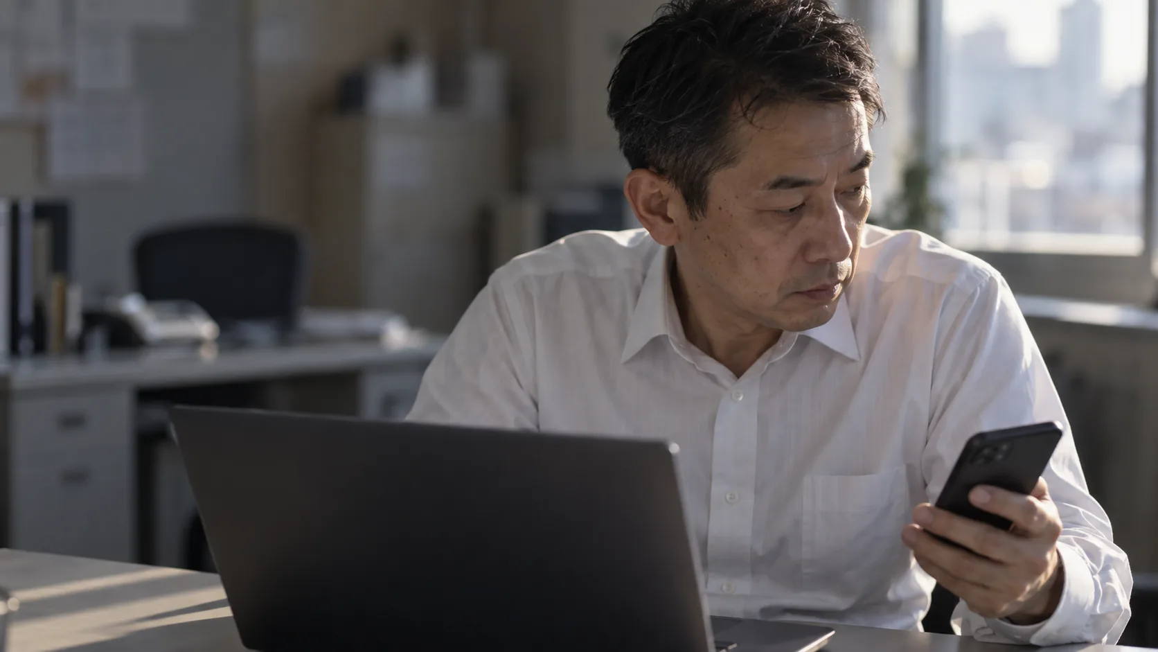 40代後半の日本人男性が自席でのスマートフォン併用をしている場面