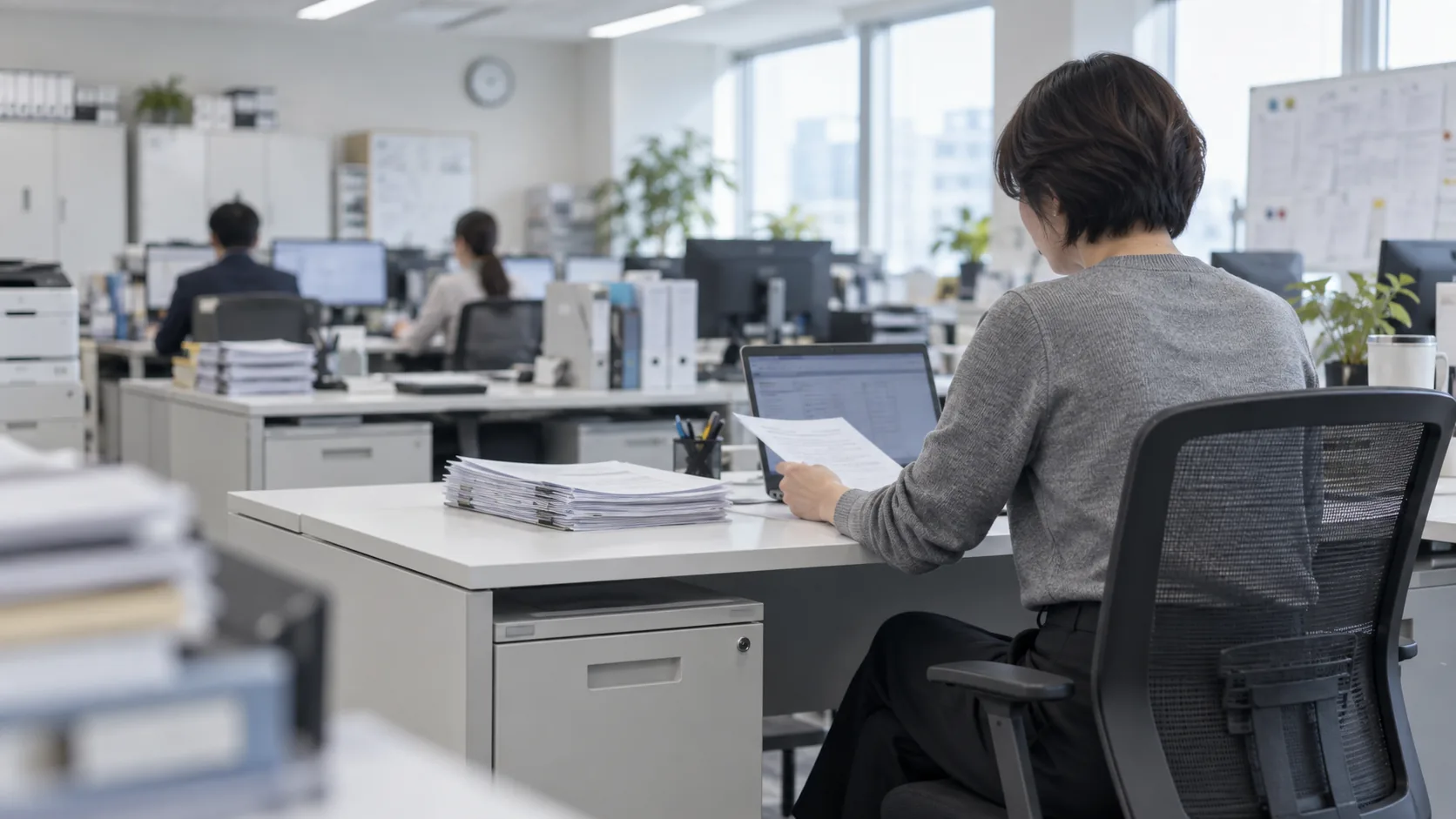 40代前半の日本人女性が自席での書類確認をしている場面