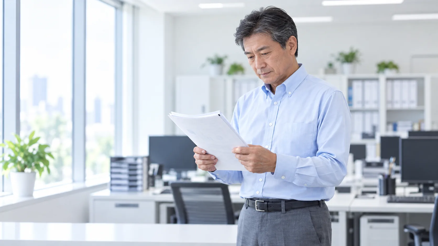 50代後半の日本人男性が窓際での書類確認をしている場面