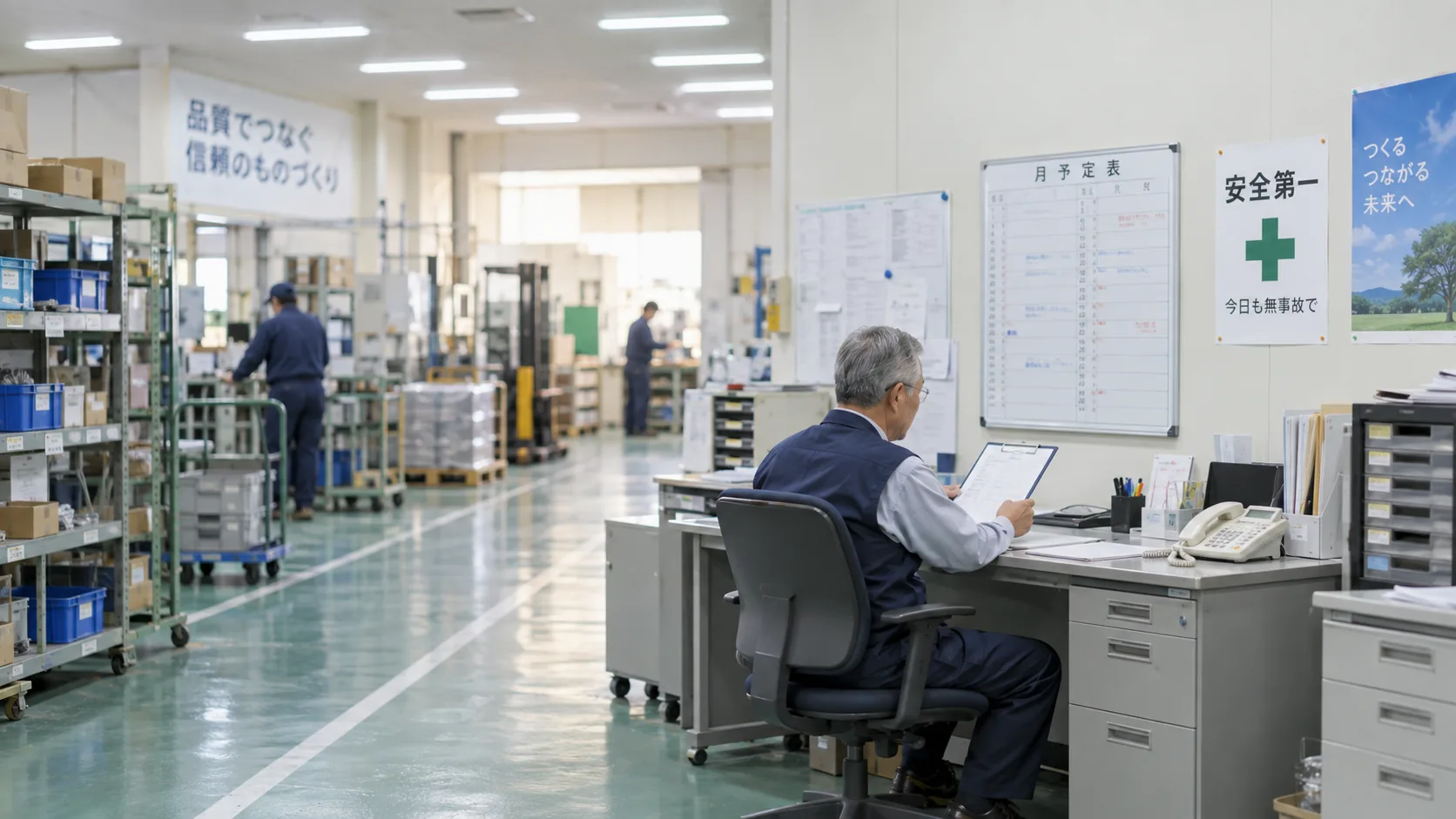 60代前半の日本人男性が工場事務所での予定確認をしている場面
