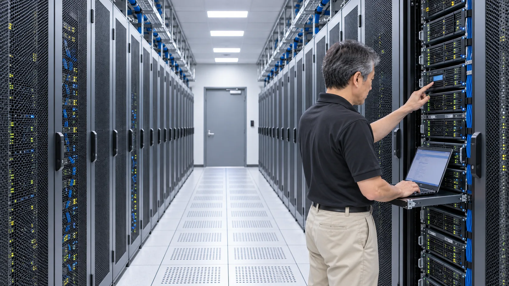 50代後半の日本人男性がサーバー機器の確認をしている場面