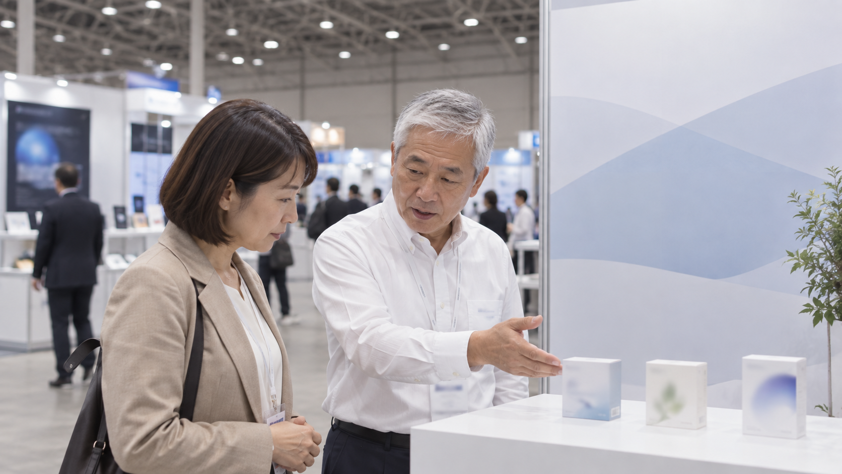 50代後半の日本人男性が展示会のブースでの説明をしている場面