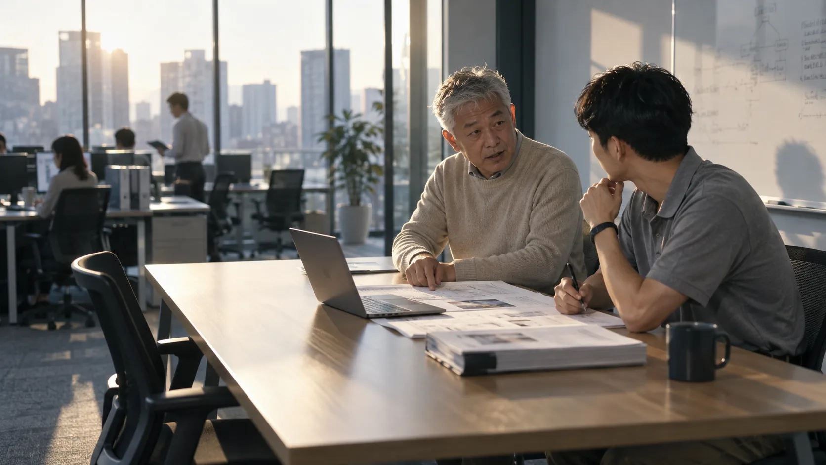 50代前半の日本人男性が小会議室での打ち合わせをしている場面