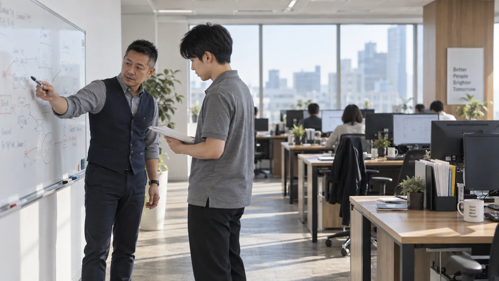 40代前半の日本人男性がホワイトボードでの説明をしている場面