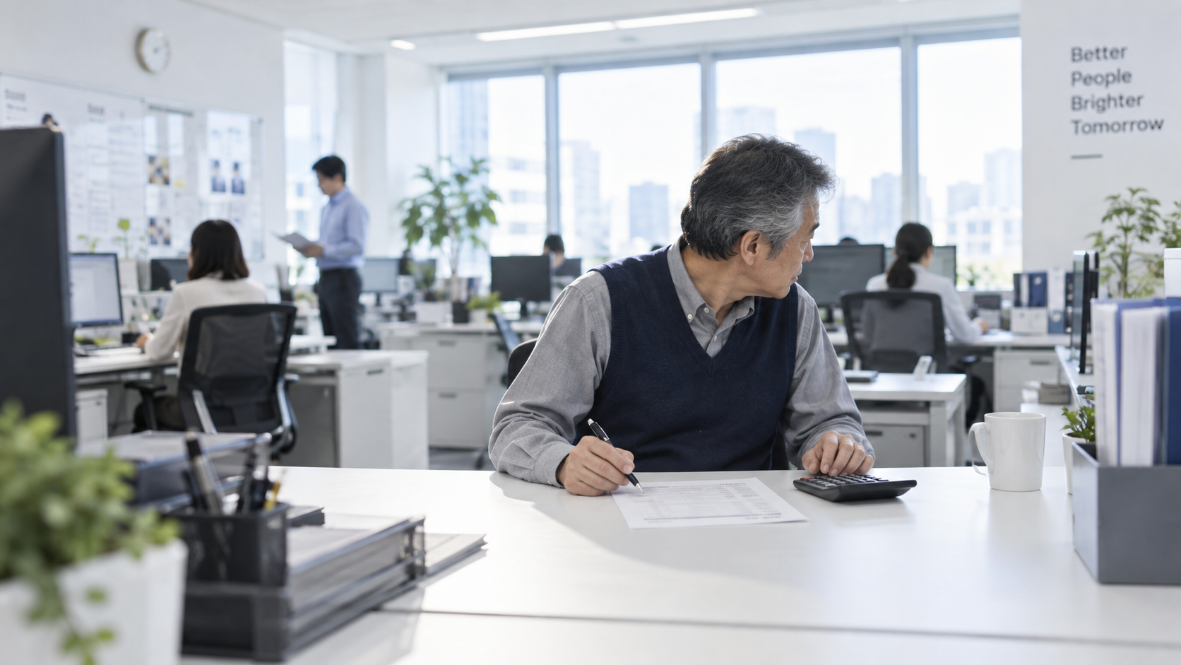 50代前半の日本人男性が見積書の照合をしている場面