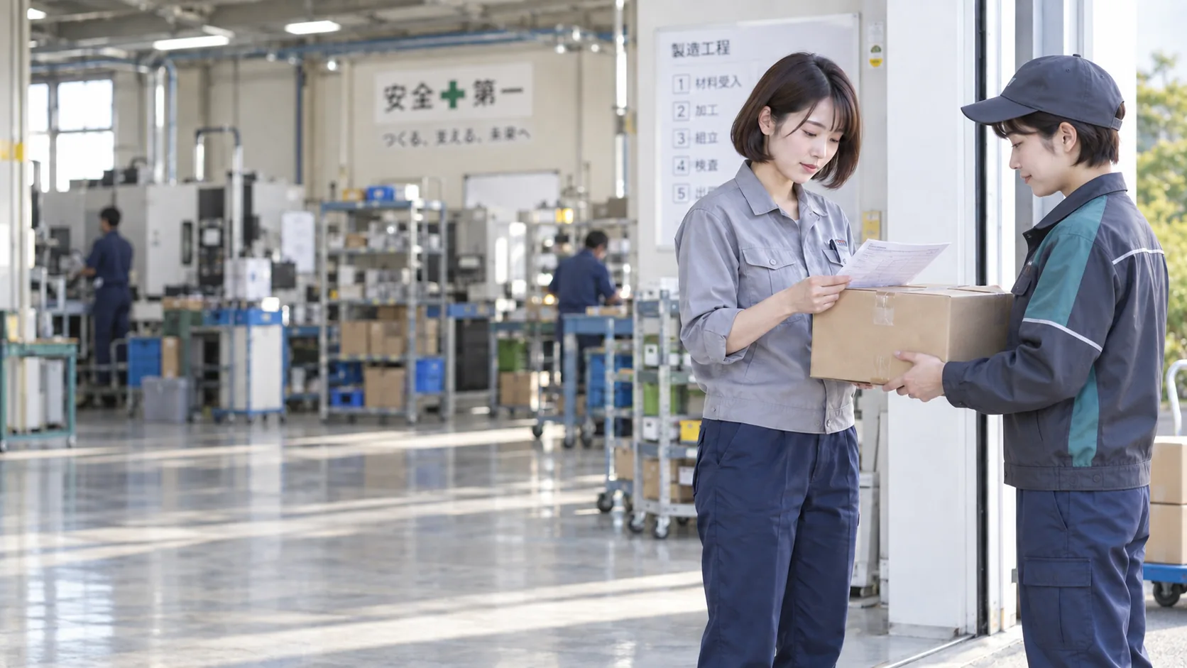 20代後半の日本人女性が町工場での納品受け取りをしている場面