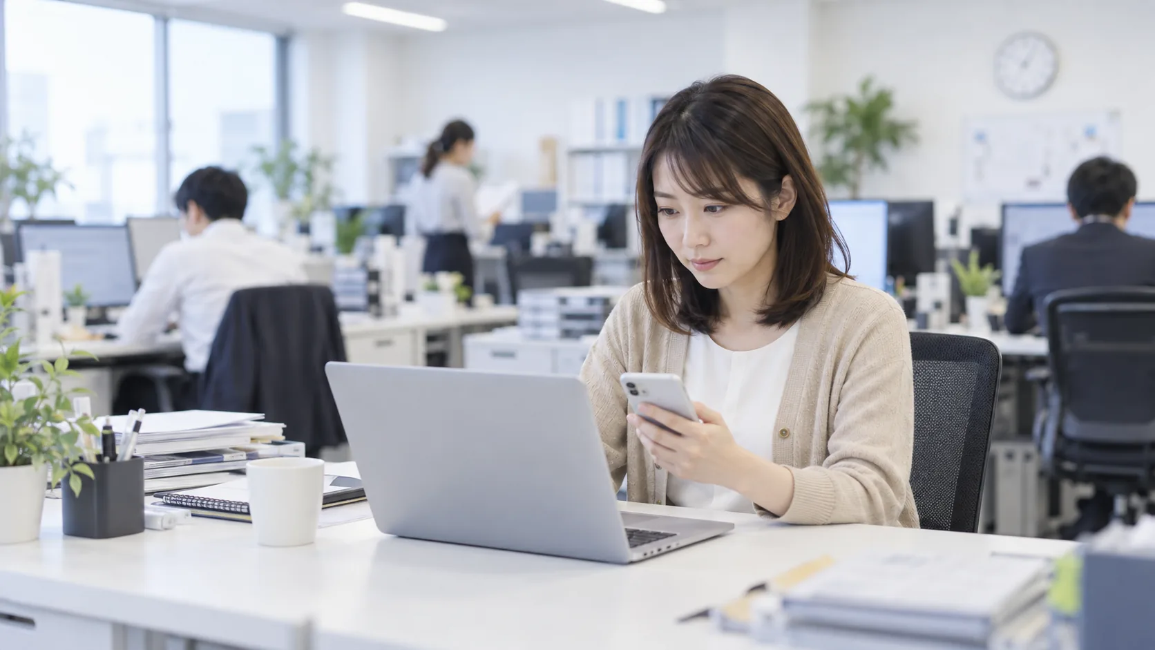 30代前半の日本人女性が自席でのスマートフォン併用をしている場面