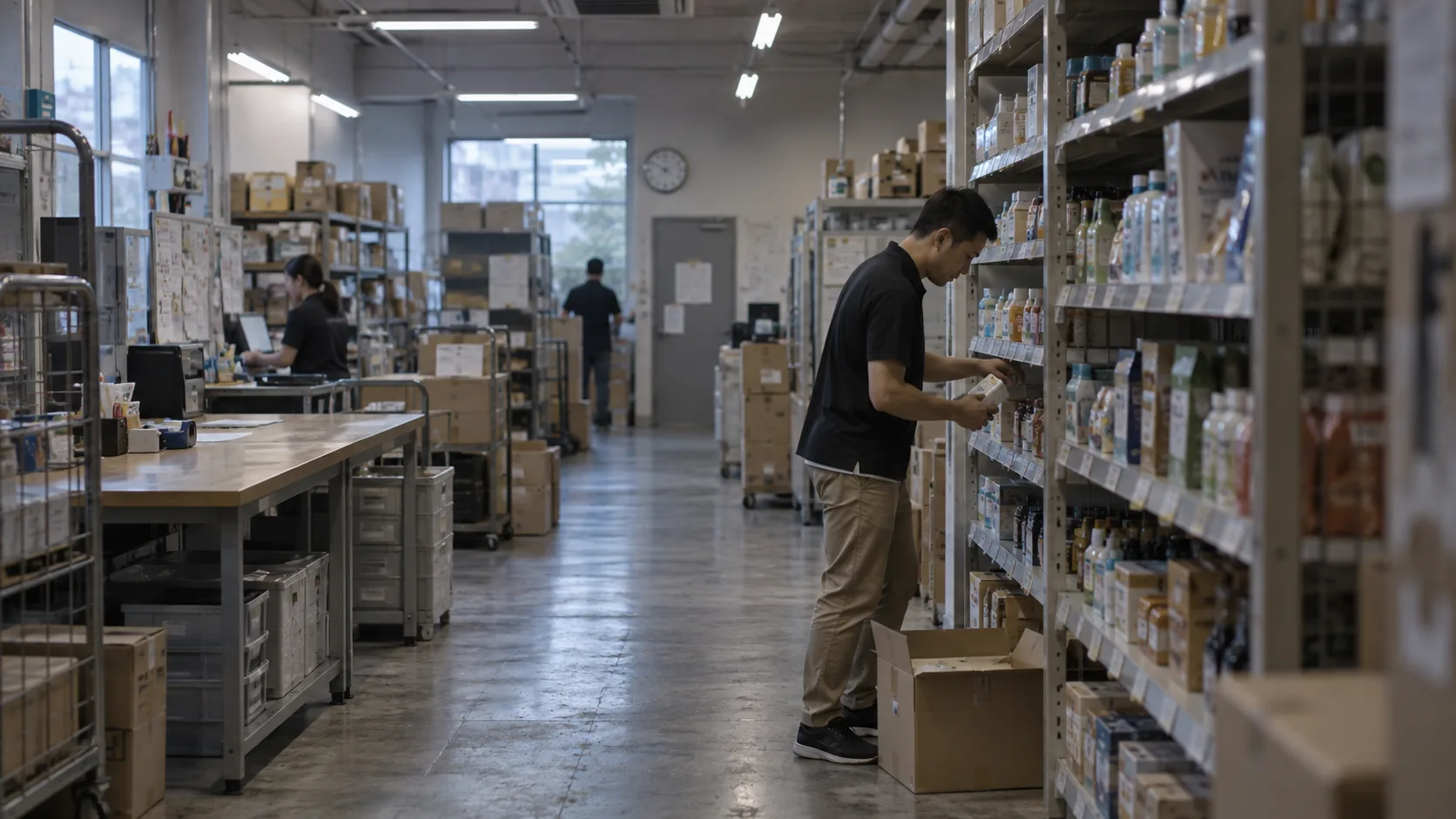 30代後半の日本人男性が小売店の棚への品出しをしている場面