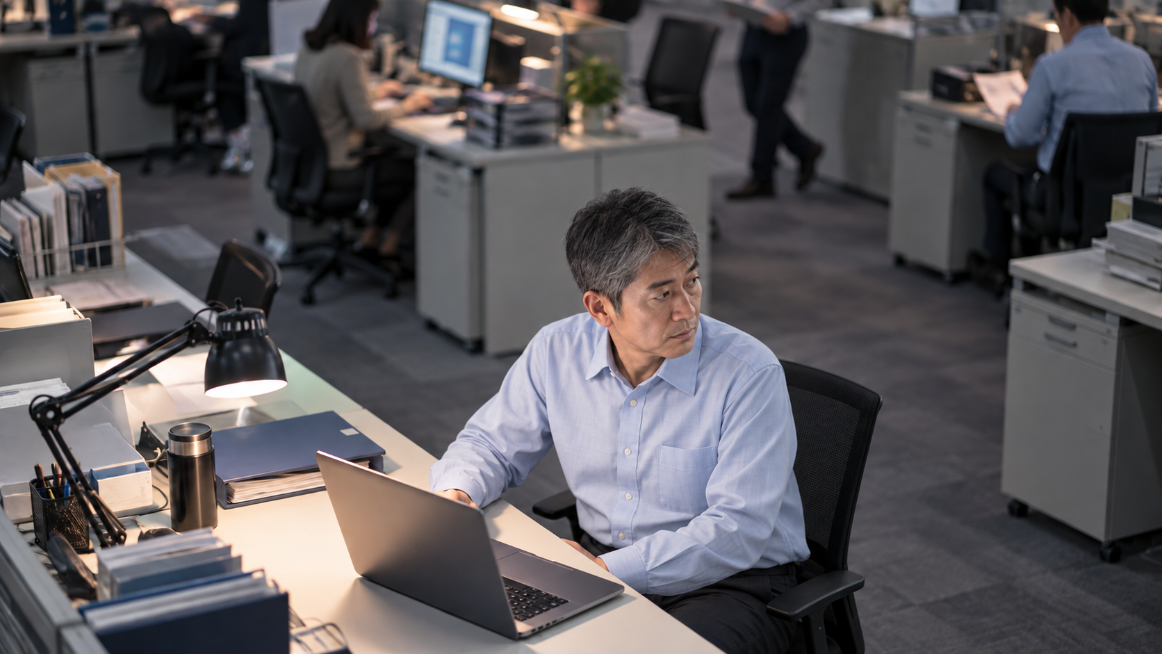 50代前半の日本人男性が夜のオフィスでの作業をしている場面