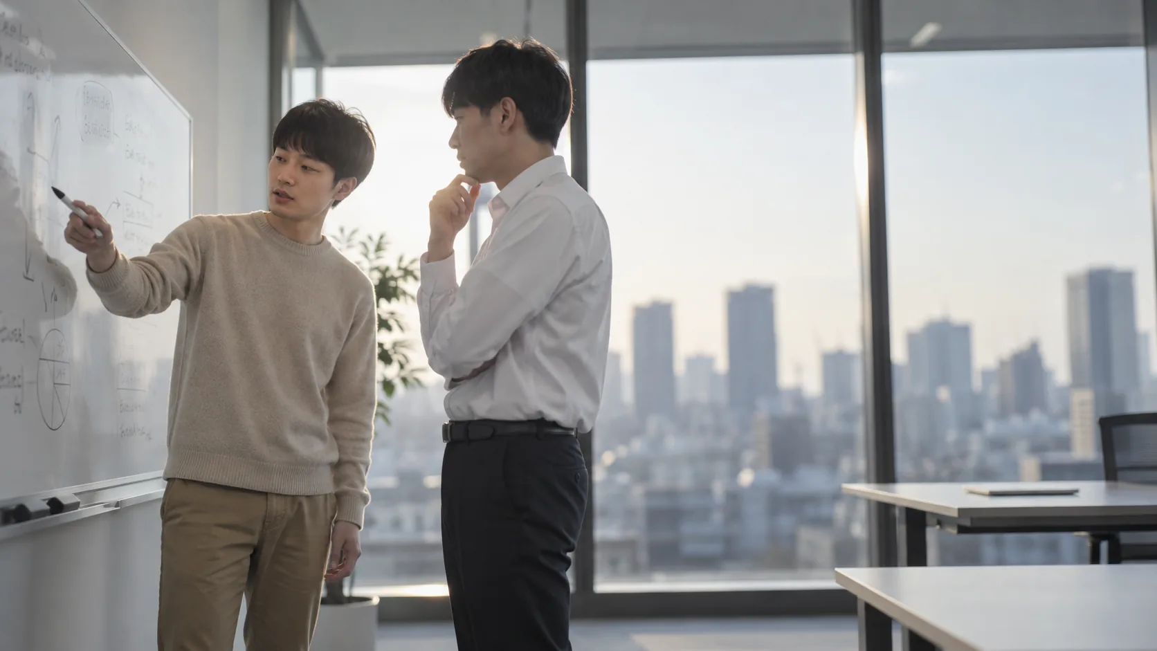 20代前半の日本人男性がホワイトボードでの説明をしている場面