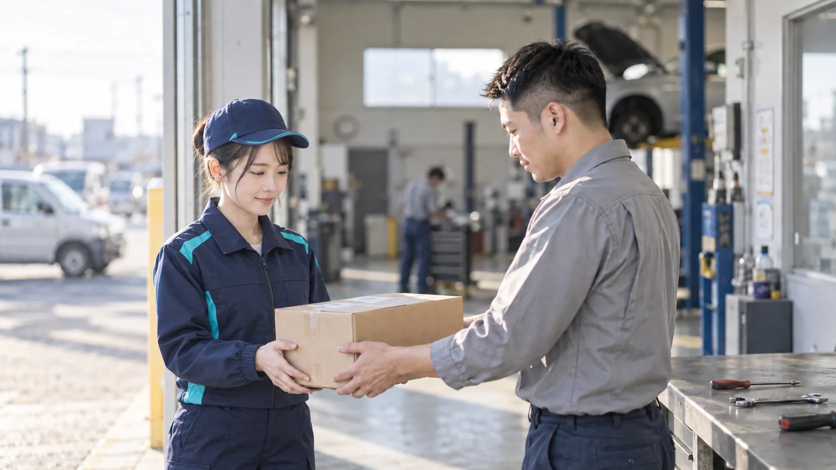 20代後半の日本人女性が整備工場での部品の受け取りをしている場面