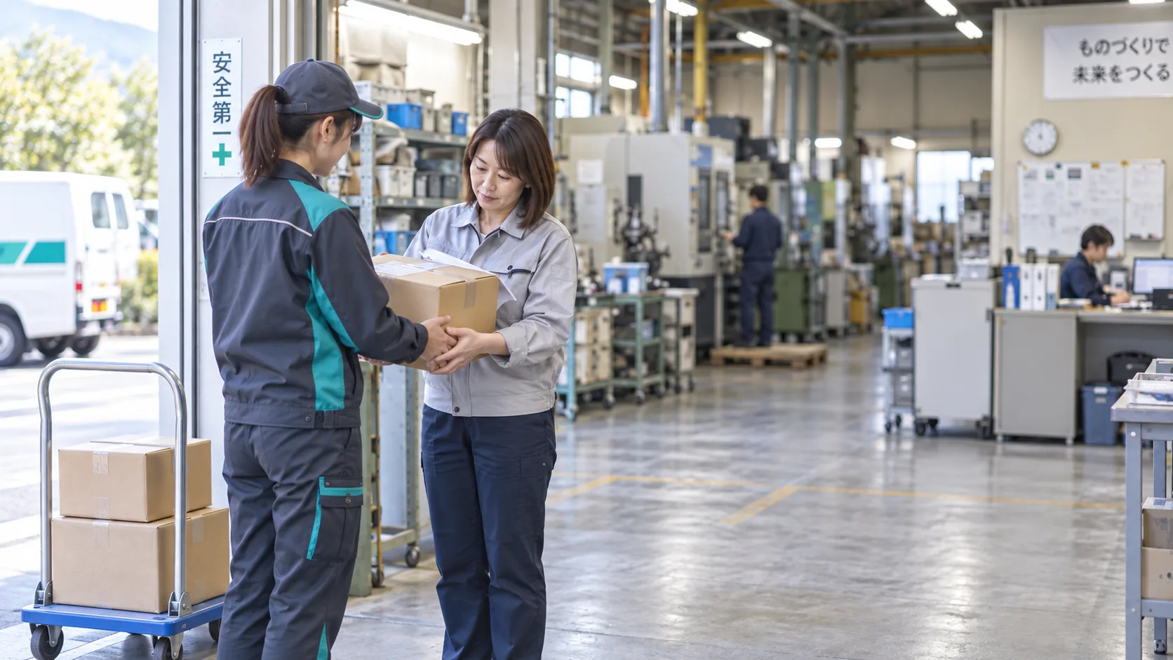 40代前半の日本人女性が町工場での納品受け取りをしている場面