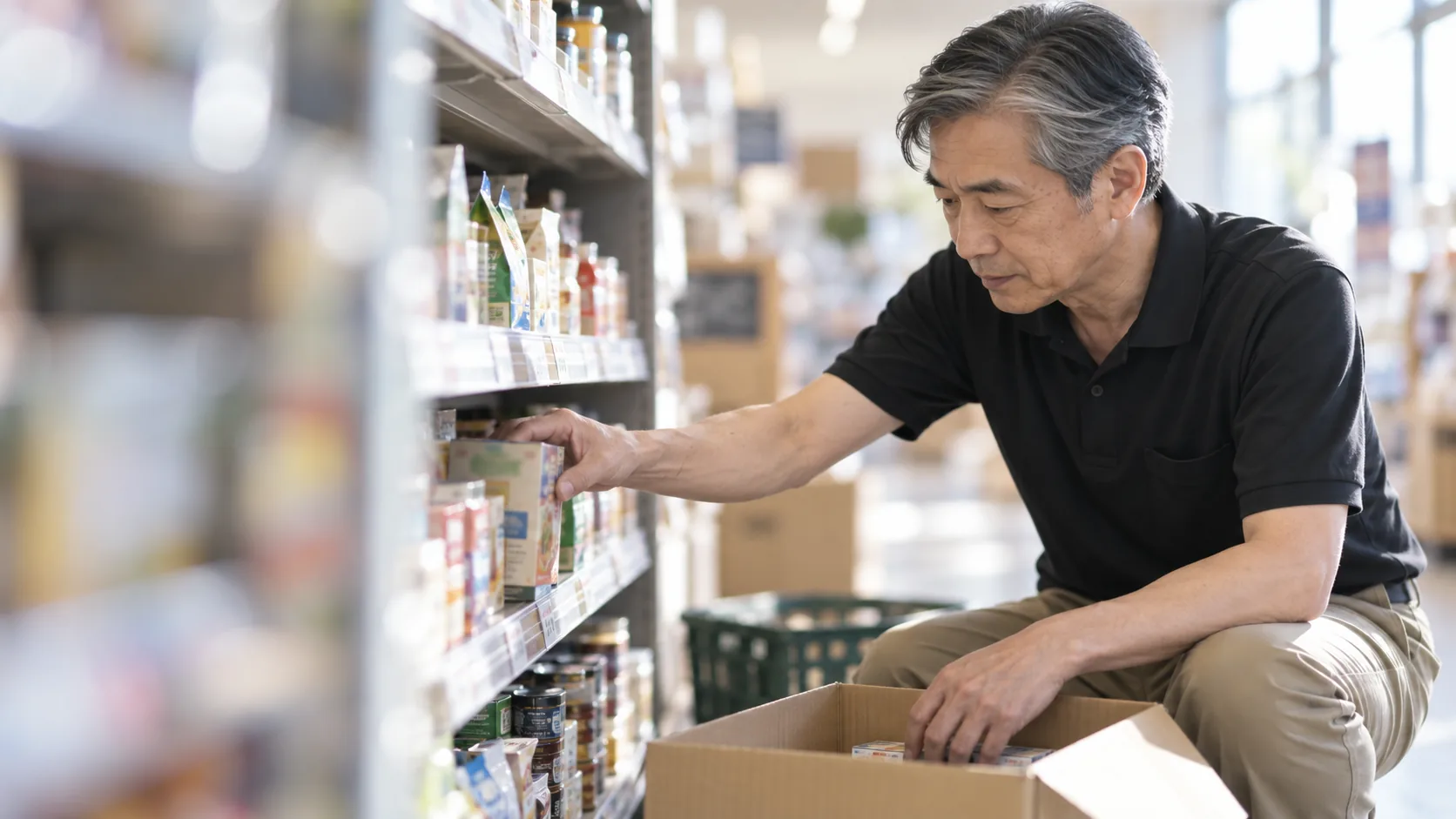 50代前半の日本人男性が小売店の棚への品出しをしている場面